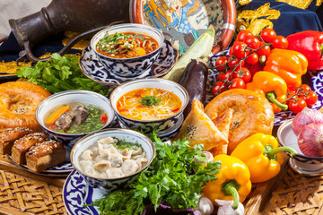 Fototapeta na wymiar Oriental soups on the table