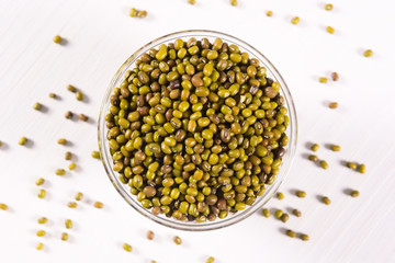 Mung beans on glass bowl