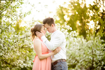 Fototapeta premium Couple in love under blooming branches spring day.