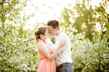 Couple in love under blooming branches spring day.