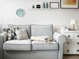 Living room interior, grey couch and shelves with paintings on white wall background