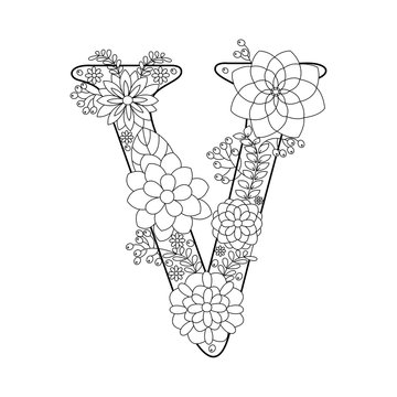 Letter V coloring book for adults vector