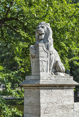 Lion sculpture in front of Vajdahunyad Castle. Budapest, Hungary.