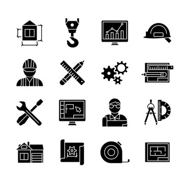 Blueprint Black White Flat Icons Set 