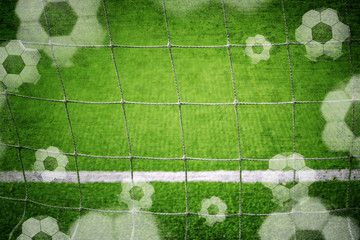 Soccer goal net closeup with illustrated soccer balls, blurred and textured soccer field background. Grunge filter effect, vignette and selective focus used. - Powered by Adobe