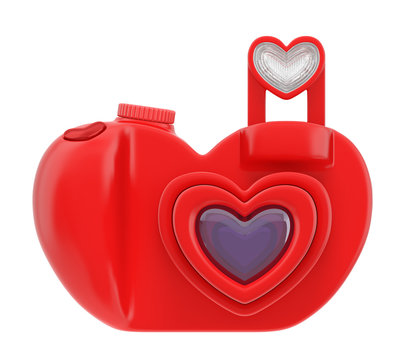 Camera Valentine day creative concept: unusual digital photo camera in the form of red heart with distinctive design as symbol of capture the photos (photography) of happy life of lovers