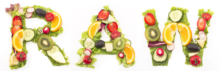 Word raw made of salad and fruits