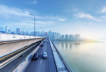motion blurred traffic on bridge,chongqing china.