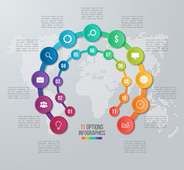 Vector circle infographic template for graphs, charts, diagrams. Business concept with 11 options, parts, steps, processes with world map on the background.