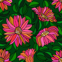 seamless pattern with pink flower and leaves, vector illustration