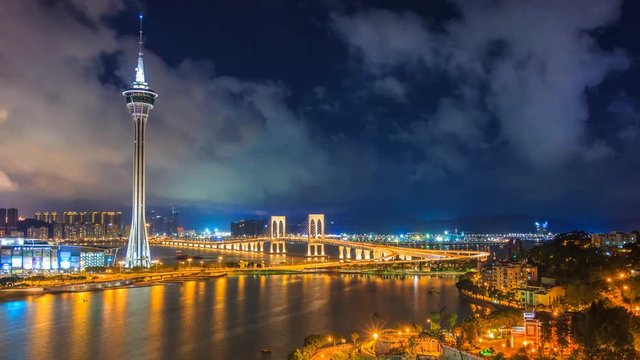 Macau Tower And Macau Bridge Landmark Place Of Macau China On Night Time