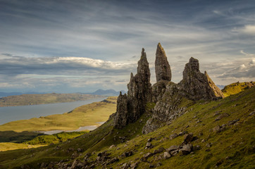 Old Man of Storr rocks with cloudy sky, Isle of Skye, Scotland
