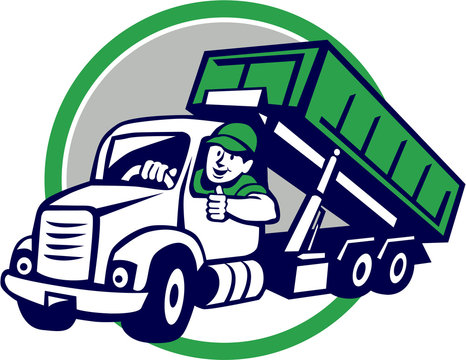 Roll-Off Bin Truck Driver Thumbs Up Circle Cartoon