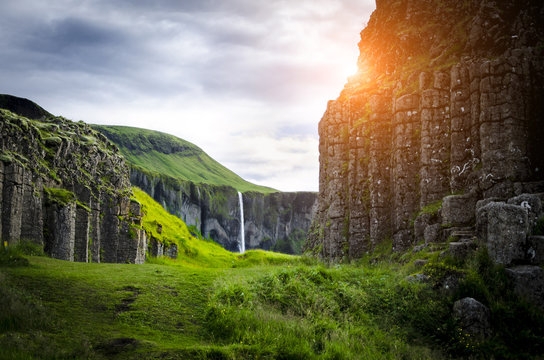 Beautiful and dramatic Foss a Sidu waterfalls in Iceland