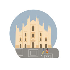 Milan Cathedral vector icon sign. Italy capital monument. World famous landmark. Duomo di Milano church symbol. Vector flat style design. Website, application button. Postcard, Postage Stamp, card