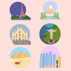 Famous landmarks: Abu Dhabi, Egyptian pyramids, Milan Cathedral, Duomo di Milano, Eiffel Tower, Tour Eiffel, Christ the Redeemer, Taj Mahal symbol. Vector flat design. Web appication buttons set