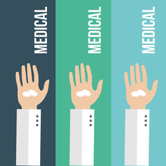 three hands holding  two pills  in blue and green lines backdrop