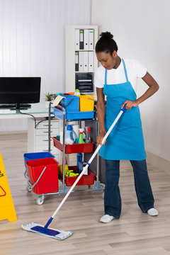Female Worker Cleaning Floor In Office