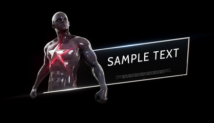 The power a super hero with a red star on his chest and clamped his fists, beside the place for your text. 3D Rendering