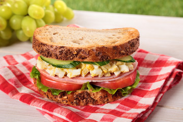 Ham and egg picnic sandwich on summer outdoor table