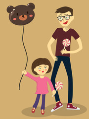 A cute little girl and her father playing together with balloon and lollipop in their hand.