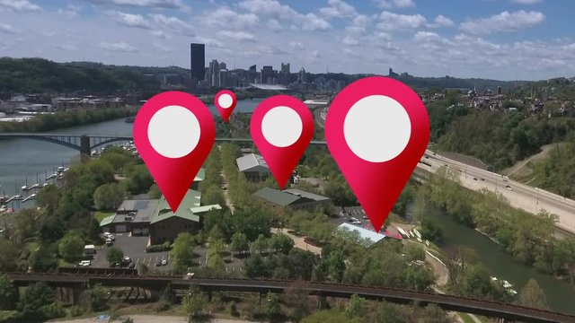 Simulated GPS location markers are placed on businesses in a city's suburbs.	