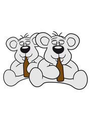 sitting 2 team crew buddies drunk thirsty cola drink alcohol party bottle beer drinking polar teddy bear funny