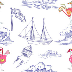 Seamless pattern with waves, ships and cocktails