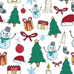 Seamless Pattern Of Christmas Set Icons Or Elements With Color And Doodle Style