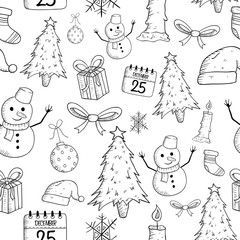 Seamless Pattern Of Christmas Set Icons Or Elements With Doodle Style