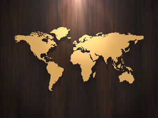 Golden world map on wood wall. 3D rendering