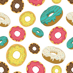 Seamless Pattern Of Delicious Donuts With Colorful Topping And Sprinkles