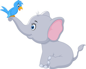 Cute cartoon elephant and bird