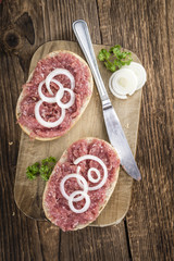 Bun with Mett (German cuisine; selective focus)