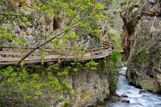Passerelle en bois accroch&eacute;e &agrave; la montagne