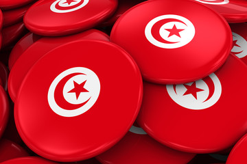Pile of Tunisian Flag Badges - Flag of Tunisia Buttons piled on top of each other - 3D Illustration