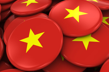 Pile of Vietnamese Flag Badges - Flag of Vietnam Buttons piled on top of each other - 3D Illustration