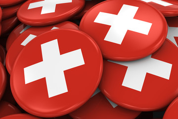 Obraz premium Pile of Swiss Flag Badges - Flag of Switzerland Buttons piled on top of each other - 3D Illustration