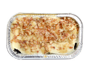 walnut cake in box isolate on white. (clipping path)