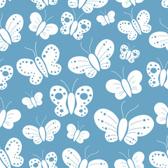Seamless Pattern Of White Butterfly Silhouette With Blue Background