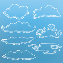 Set Of Outline Unique Cloud With Sketchy Style And Blue Background