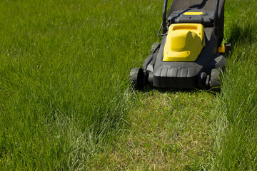 Стрижка газона газонокосилкой.