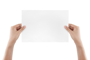 Two hands holding paper isolated on white