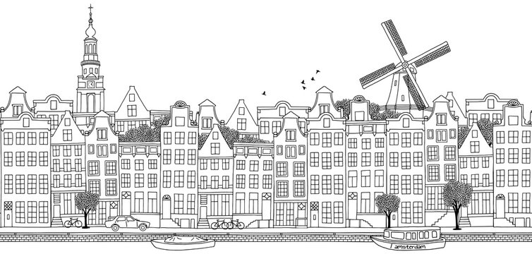 Seamless banner of Amsterdam's skyline, hand drawn black and white illustration