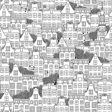 Hand drawn seamless pattern of Dutch style houses