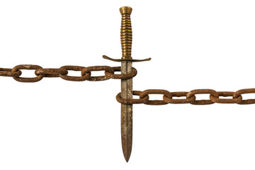 Old Rusty Dagger and Chains Isolated on White Background, Dagger Stab the Chain Links, Dagger Hold...