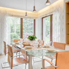 Vertical view of extravagant dinette prepared for a meal