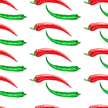 Fresh watercolor red, green chili pepper vector illustration isolated on white background, Seamless vector pattern cooking ingredient, condiment, Hand drawn spicy for menu, package, textile, wallpaper