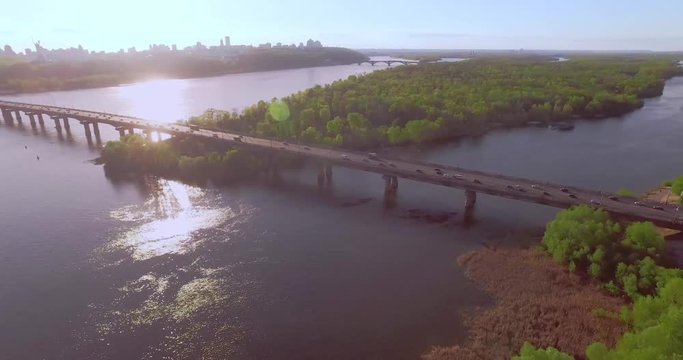 Aerial view on The Dnieper River, Paton Bridge in Kiev, Ukraine