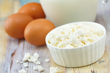 Fresh cottage cheese, eggs and milk.